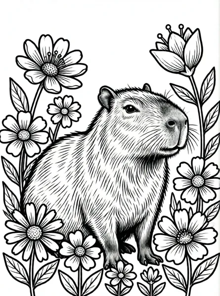 capibara en jardín de flores