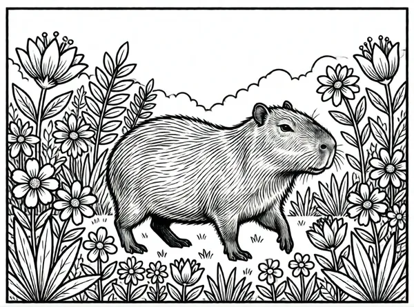capibara en jardín de flores