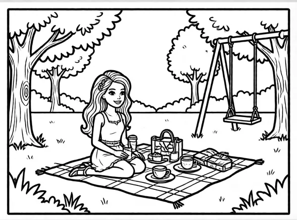 Barbie Picnic in the Park drawing to color and print for free
