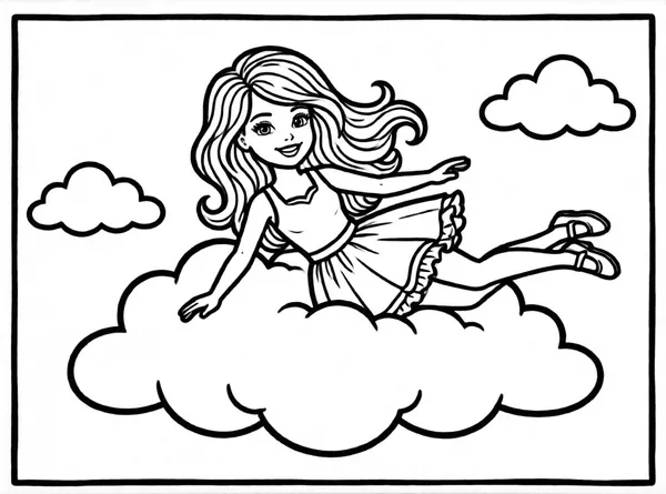 Barbie Flying Over a Cloud drawing to color and print for free