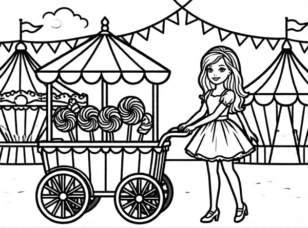 Barbie with a Candy Cart drawing to color and print for free