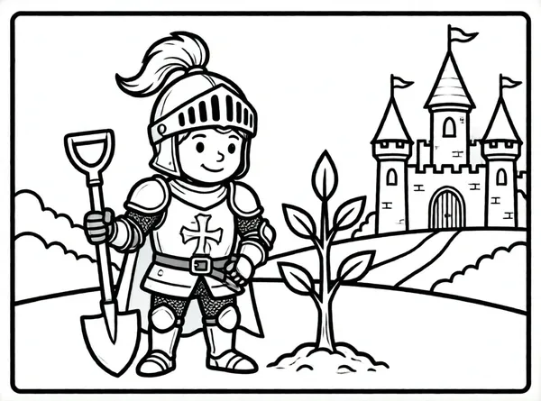caballero plantando arbol cerca castillo