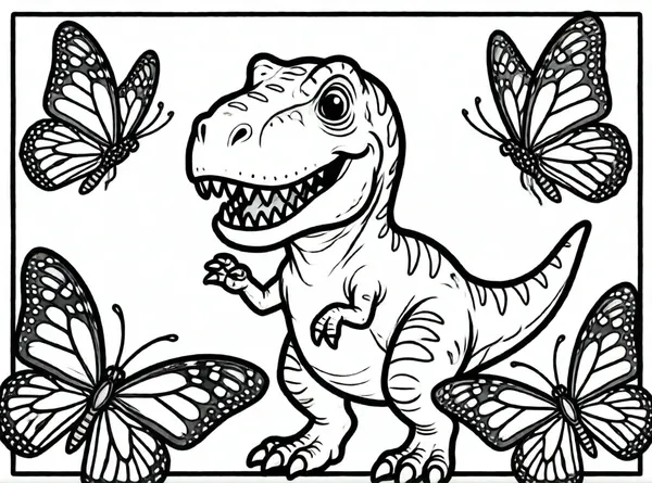un tiranosaurio amigable y mariposas