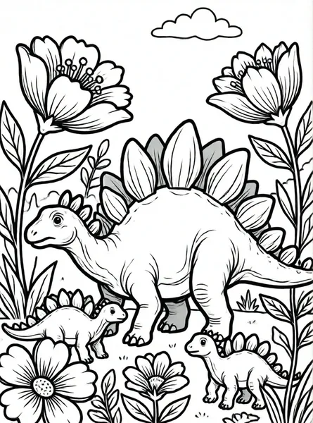 stegosaurio y bebés entre flores