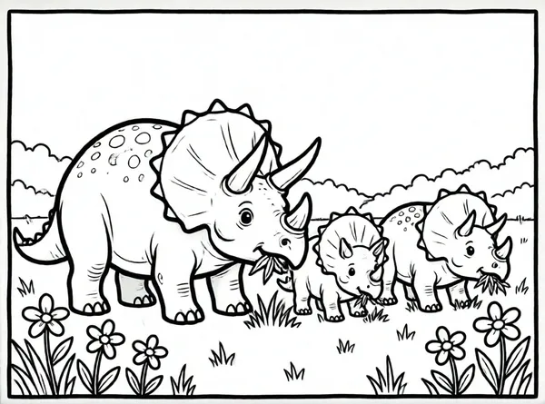 familia de triceratops comiendo