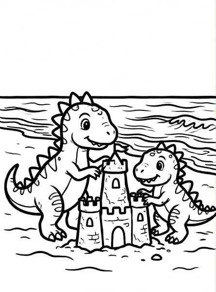 dinosaurios construyendo un castillo de arena