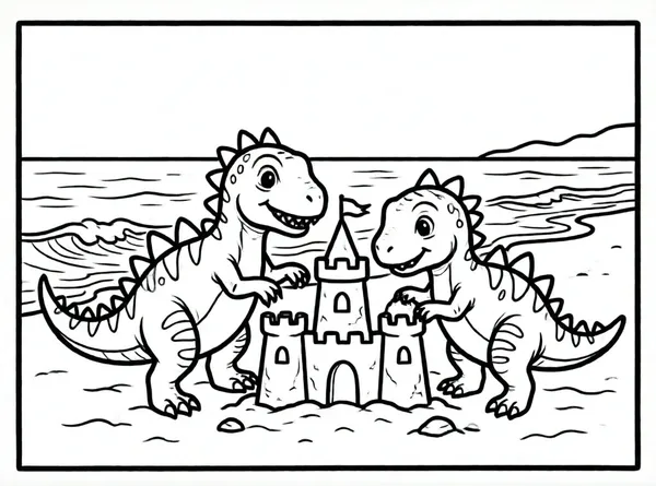 dinosaurios construyendo un castillo de arena