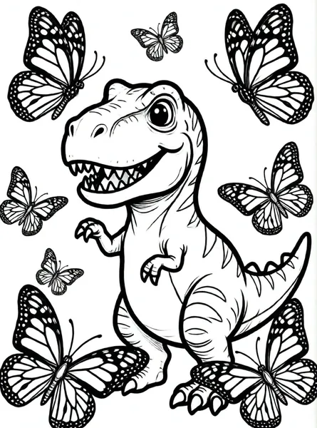 un t-rex amistoso y mariposas