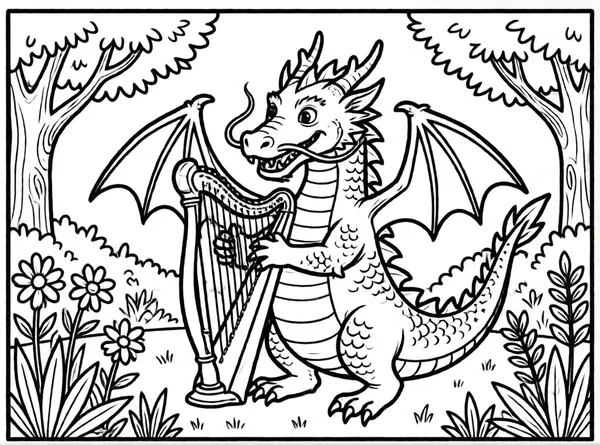 dragon tocando una arpa musical