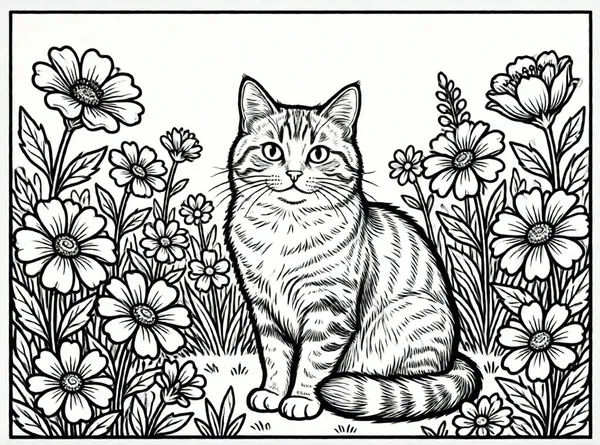 gato en un jardín de flores