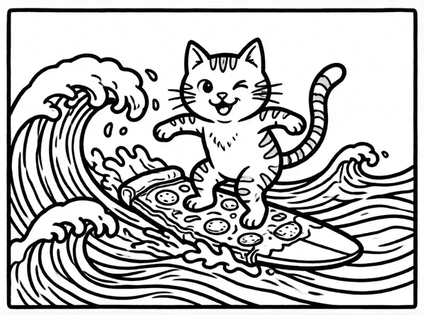 gato surfista en una pizza