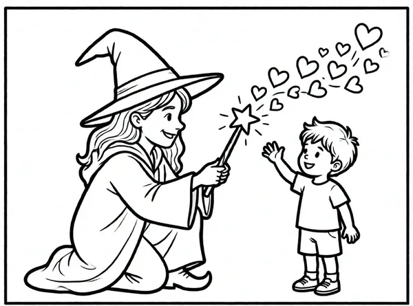 mago enseñando magia con corazones