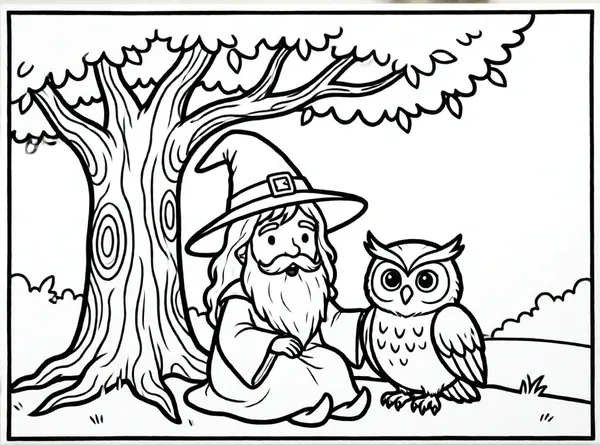 Dibujo de mago y búho árbol para colorear e imprimir gratis