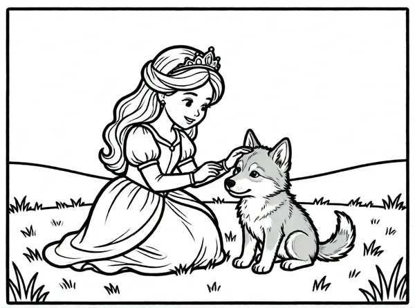 princesa acariciando un cachorro lobo