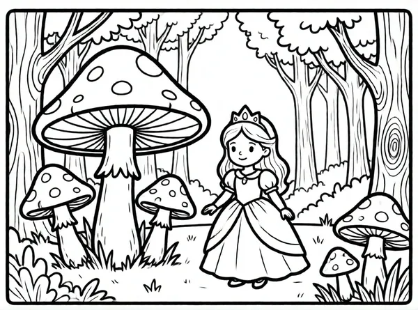 princesa explorando jardín de hongos