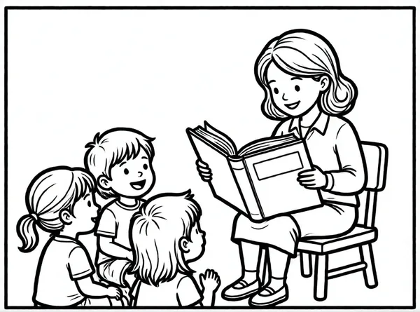 profesora leyendo libro en aula