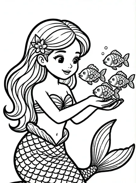 sirena alimentando peces amigos