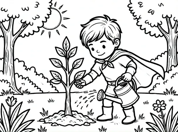 superhéroe plantando un pequeño árbol