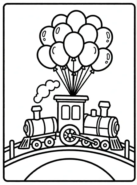 tren globos volando sobre arcoiris