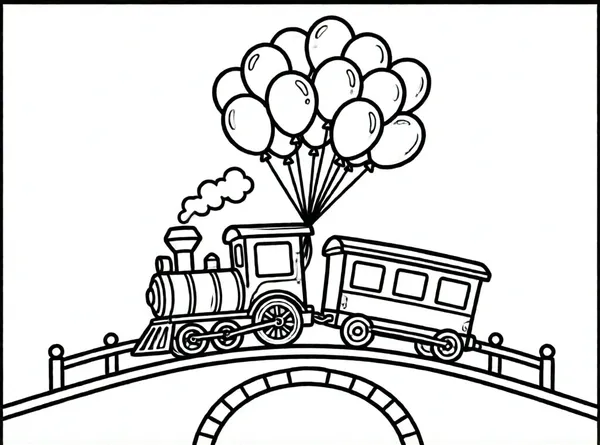 tren globos volando sobre arcoiris