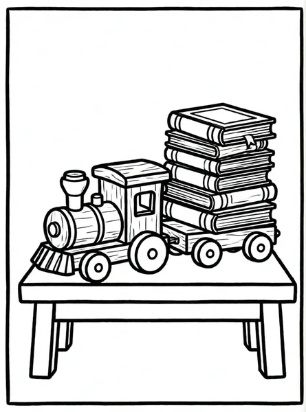 tren juguete libros en mesa