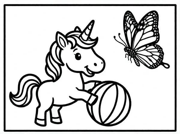 unicornio jugando con pelota y mariposa