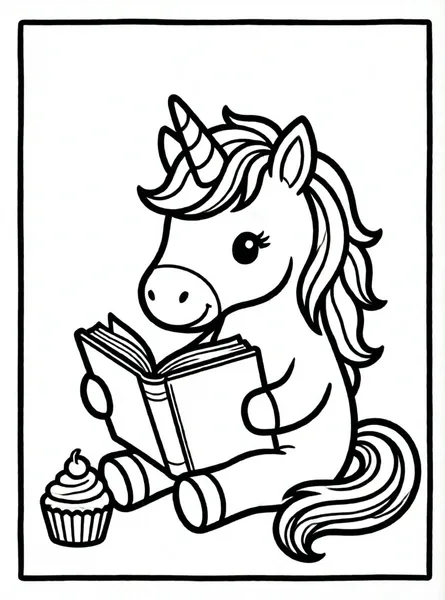 unicornio leyendo un libro con cupcake