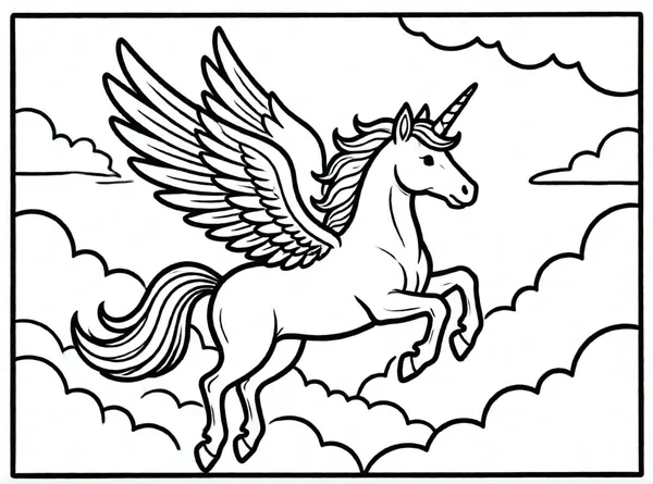 unicornio con alas volando entre nubes