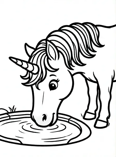 unicornio bebiendo agua de estanque mágico