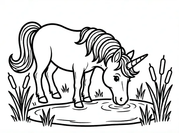 unicornio bebiendo agua de estanque mágico