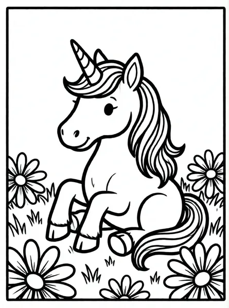 unicornio descansando en pradera con flores
