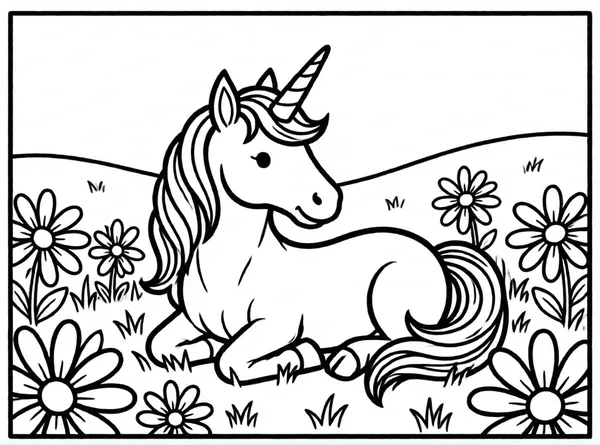 unicornio descansando en pradera con flores