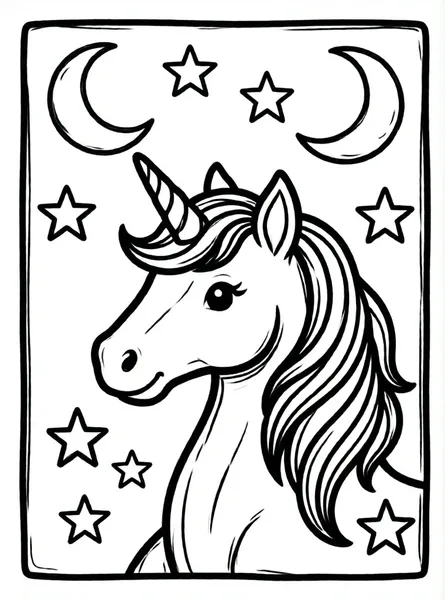 unicornio rodeado de estrellas y lunas