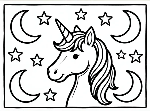 unicornio rodeado de estrellas y lunas