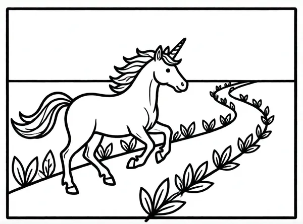 unicornio trotando por sendero de hojas