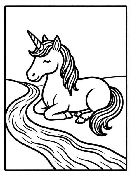 unicornio descansando junto a riachuelo cristalino