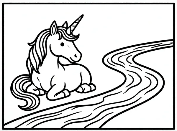 unicornio descansando junto a riachuelo cristalino