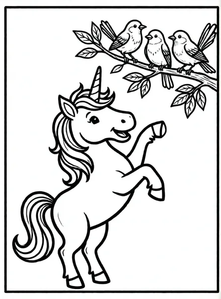unicornio saludando a pájaros cantores