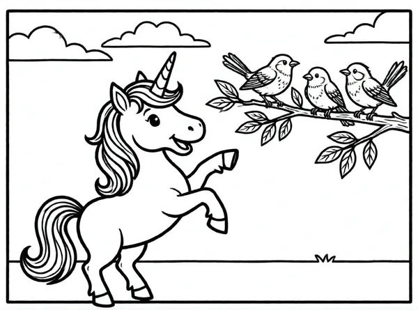 unicornio saludando a pájaros cantores