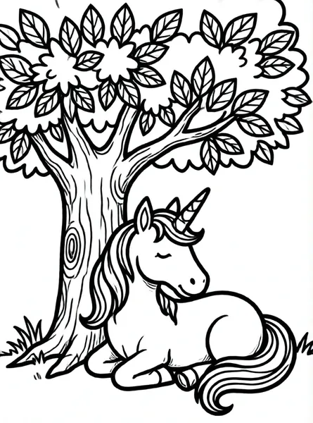 unicornio acostado bajo árbol frondoso