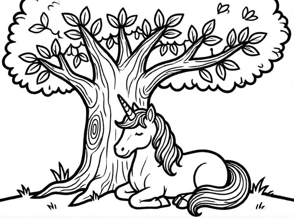 unicornio acostado bajo árbol frondoso