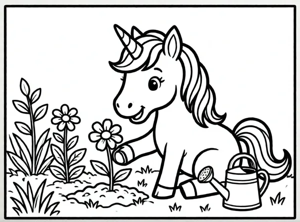 unicornio plantando una flor
