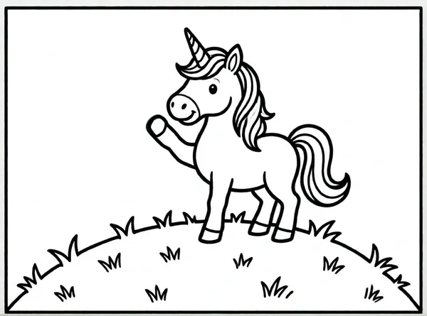 unicornio saludando desde colina verde