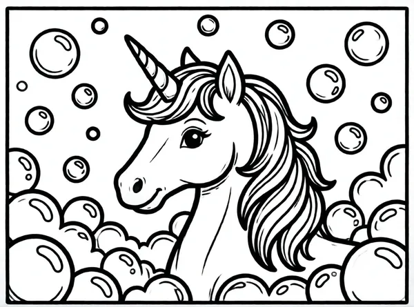 unicornio rodeado de burbujas mágicas