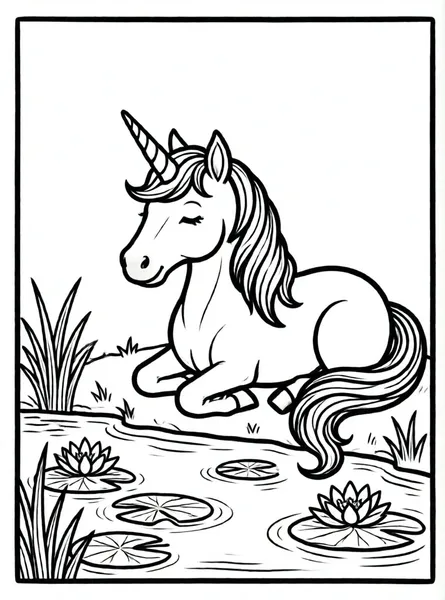 unicornio descansando junto a lago