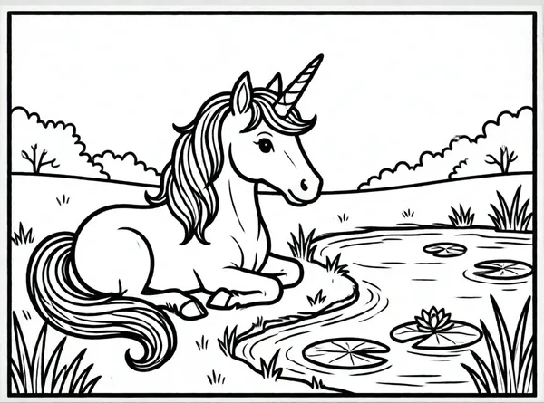 unicornio descansando junto a lago