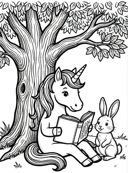 unicornio leyendo con un conejo