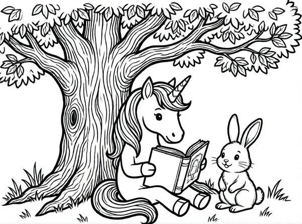 unicornio leyendo bajo el árbol