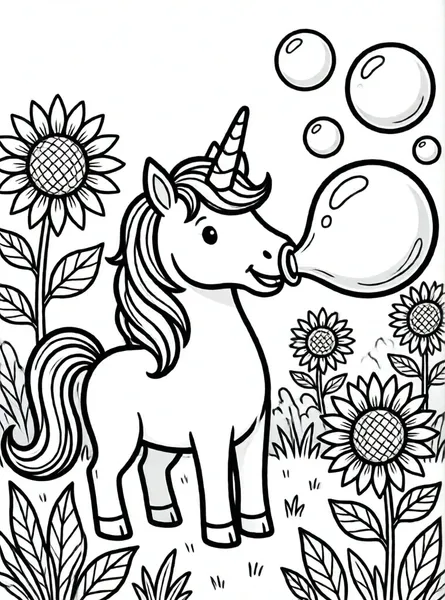 unicornio feliz soplando burbujas