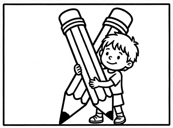 niño sosteniendo un lápiz gigante